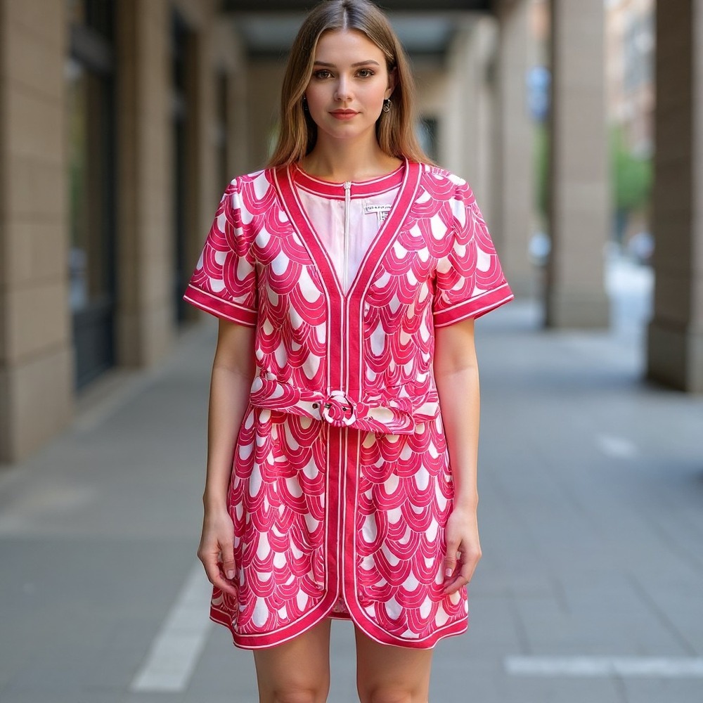Trina Turk Pink White Scallop Print Belted Mini Dress Size 8 Short Sleeve Retro